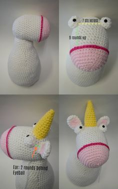 crocheted stuffed animals are shown in four different stages to be made into toys