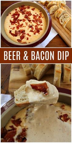 beer and bacon dip with bread on the side, in a casserole dish