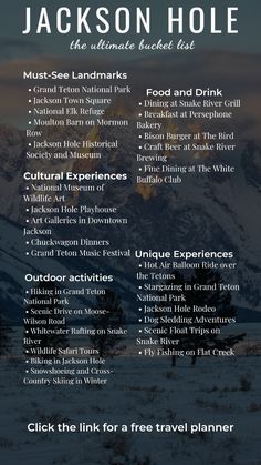 the jackson hole menu with information about its locations and their location in the mountains