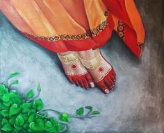 a painting of a woman's feet with red and gold shoes on it, surrounded by green leaves