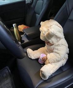 a stuffed animal sitting in the front seat of a car with a bottle on it