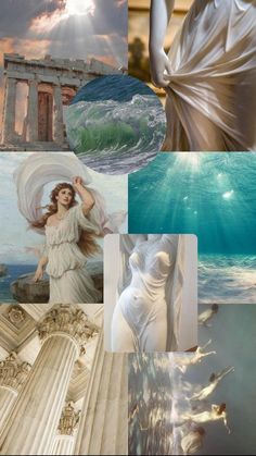 the collage shows images of women in white dresses, and an image of water