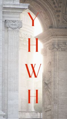 the front cover of a book with red letters on it and an arch in the background