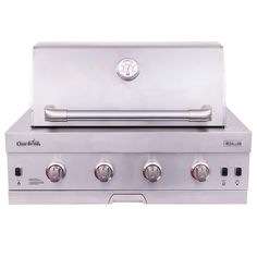 a stainless steel bbq with four burners and two side burners on top