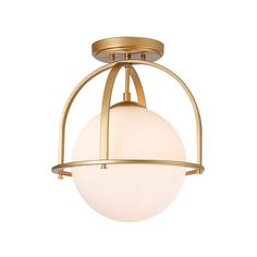 a light fixture with a white glass ball hanging from it's center point and gold metal frame