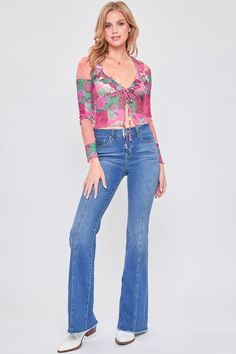 Rock these flares for a trendy throwback look! Our Women's Frayed Hem Flare Jeans With Curved Front Seam are super figure-flattering with a fit and flare silhouette and front stitching to highlight your curves. Featuring a mid-rise and frayed hems. These jeans can be a 70’s vibe or Y2K, depending on how you style them! Y2k Stretch Jeans For Fall, Summer Stretch Flare Jeans With Flared Hem, Stretch Flare Jeans With Flared Hem For Summer, Trendy Blue Stretch Flares, Trendy Stretch Blue Flares, Casual Blue Stretch Flares, Trendy Blue Flares For Fall, Stretch Blue Flare Jeans For Fall, Trendy Blue Summer Flares