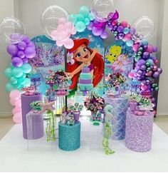 ariel the mermaid birthday party with balloons and decorations