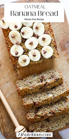 sliced banana bread on a cutting board with slices cut out and the title text reads oatmeal banana bread gluten free recipe