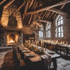 a long table is set with candles and place settings in the middle of an old stone building