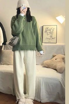 Green Basic Loose Knitted Crewneck Sweater – Tomscloth Winter Fashion Aesthetic, Green Sweater Outfit, Winter Wear Women, Green Knit Sweater, Lazy Style, Baby Tees Y2k, Retro Sweatshirts, Y2k Baby Tee, Y2k Aesthetic Outfits