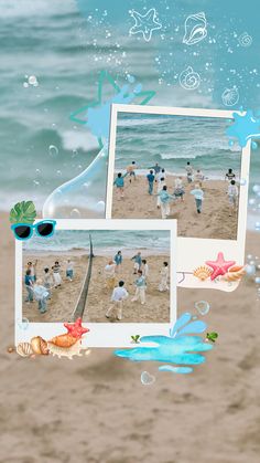 two polaroid frames with people on the beach in the background and under water bubbles