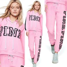 Victoria's Secret PINK Pullover Hoodie + Classic Pant SET! New in Bags from Online Sold Out, No Longer Produced  Colors:  Pink & Black Size:  Both Medium Lace-Up Hoodie: Lace-Up Neckline, Adjustable Drawstring Hood Side Pockets for Hands, Relaxed Fit "PINK" in Black Across Chest Solid Backside Black & White Stripe Detail Down Both Sleeves SUPER CUTE!      Approximate Measurements (Laying Flat): Armpit to Armpit:  22.75"  Shoulder to Hem:  24"   60% Cotton / 40% Polyester, Machine Washable Classi Victoria Secret Pink Outfits, Pink Outfits Victoria Secret, Pink Hoodie Victoria Secret, Victoria Secret Outfits, Womens Workout, Baddie Tips, Sugar Lips, Pink Pullover, Classic Pants