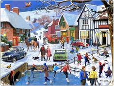 a painting of people playing in the snow with cars and buildings behind them on a snowy day