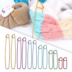 several knitted items sitting next to each other on top of a white table with text overlay