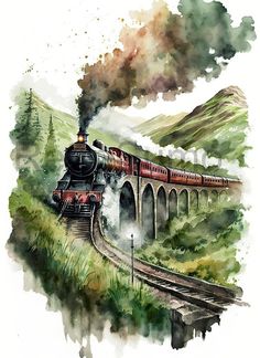 a painting of a train traveling over a bridge