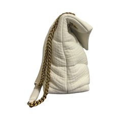 This Pre-Owned Yves Saint Laurent Small Puffer Chain Fabric Shoulder Bag is a must-have for any fashion-conscious individual. The cream leather and chain strap give this bag an elegant and sophisticated look, making it perfect for any occasion. Shoulder Bag Silhouette The bag silhouette of this product is a shoulder bag, making it comfortable to carry around. Cream Color The cream color of this bag adds to its elegance and sophistication. Fabric Material Crafted from fabric, the quality of this Cream Evening Bag With Chain Strap, Classic Leather Bag With Gold Chain, Chic Everyday Luxury Shoulder Bag With Chain, Formal Cream Shoulder Bag With Chain Strap, Designer Leather Bag With Gold Chain, Cream Leather Shoulder Bag With Chain Strap, Classic Travel Bags With Chain Detail, Designer Shoulder Bag With Chain For Travel, Designer Chain Shoulder Bag For Travel