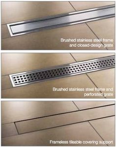 three different types of floor grates on the ground, with instructions to install them