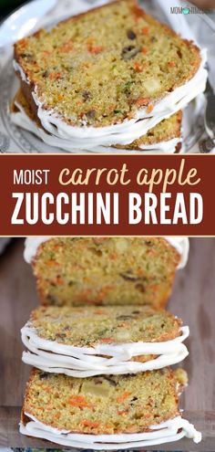 carrot apple zucchini bread with cream cheese frosting on top and the words, most