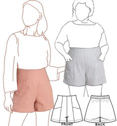 the front and back view of a woman's shorts