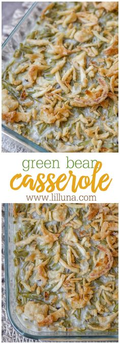 green bean casserole in a glass dish with the title above it on top