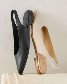 This sleek leather slingback is the perfect finishing touch for casual looks, holiday outfits, and everything in between. Fashioned with a pointed toe to elongate the leg, an elasticized slingback strap for perfect-fit ease, and a flat silhouette for day-to-night comfort.  By Frye. Elastic on one side of slingback strap. Leather-wrapped footbed. Leather and man-made sole. Chic Medium Width Slip-on Slingback Pumps, Leather Lined Flat Heel Slingback Pumps, Leather Lining Slingback Pumps For Workwear, Chic Leather Slingback Pumps For Work, Classic Leather Slip-on Slingback Sandals, Leather Lined Slingback Pumps For Work, Sleek Leather Slingback Pumps For Spring, Elegant Leather Slip-on Slingback Sandals, Chic Everyday Slingback Pumps With Removable Insole