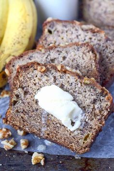 slices of banana bread with butter and walnuts