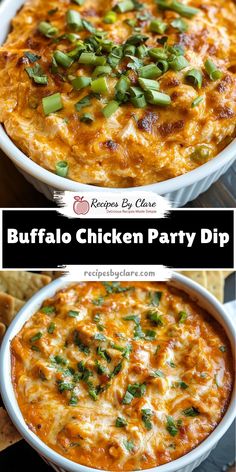 buffalo chicken party dip in a white casserole dish with tortilla chips