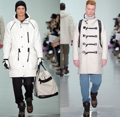 Christopher Raeburn 2014-2015 Fall Autumn Winter Mens Runway Looks Fashion - London Collections - Oversized Outerwear Coat Hoodie Parka Arctic Military Furry Down Puffer Bomber Jacket Duffel Bag Waffle Quilted Tuxedo Stripe Cargo Pockets Polar Bear Modern Wear