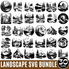 the landscape svg bundle includes mountains, trees and other things in black and white