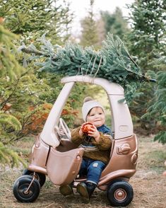 a little boy sitting in a toy car with a christmas tree on the roof and holding an apple