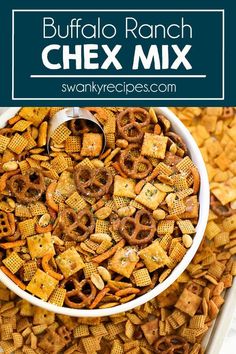 a bowl full of chex mix with the words buffalo ranch in the middle and above it