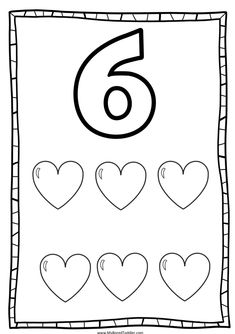 the number six coloring page with hearts