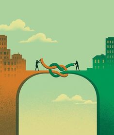 two people are standing on the edge of a bridge with an orange and green snake