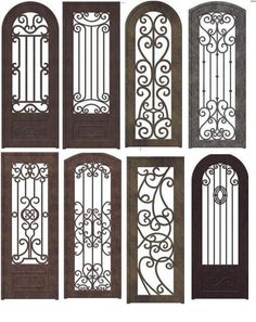 an assortment of iron doors and windows with decorative designs on the front, back and side panels