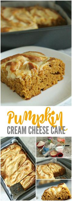 pumpkin cream cheese cake is shown in this collage