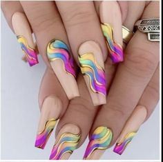 Liquid Rainbow, Art Deco Nails, Colorful Nail, Nail Stuff, Nail Art Designs Videos, Long Acrylic, Baby 2