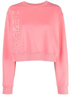 flamingo pink cotton embroidered logo to the side crew neck long sleeves straight hem cropped ribbed cuffs and hem