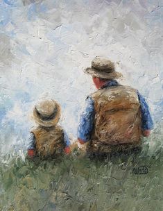 an oil painting of two people sitting in the grass