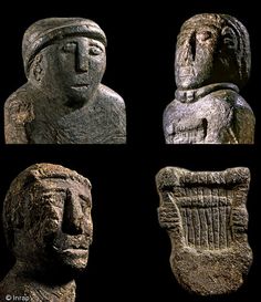 four ancient statues are shown in three different angles, each with a man's head