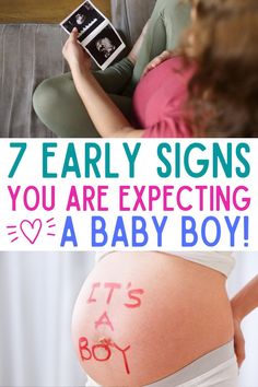 a pregnant woman reading a book with the words, 7 early signs you are expecting a baby boy