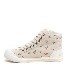 These cherry-picked high tops are ripe for the picking! 🍒 Featuring natural recycled cotton adorned with a cherry print, they're a treat for your feet and the planet. The soft cotton lining and plush insole promise cloud-like comfort, while the white rubber toe cap adds classic charm. Lace them up or zip on the side for a snug fit. Pair with your favorite jeans or a playful sundress and savor every step. 🌿👟 Style: Rocket Dog women's high top sneaker Upper Material: Cherry print on natural rec Comfortable Lace-up High-top Sneakers For Spring, Spring High-top Sneakers With Speckled Midsole, Summer Cotton High-top Sneakers With Round Toe, Spring Cotton High-top Sneakers With Round Toe, Cotton High-top Sneakers With Round Toe For Summer, Spring High-top Sneakers With Rubber Sole For Everyday, Cute High-top Sneakers With Round Toe For Spring, Cute Spring High-top Sneakers With Round Toe, Cream High-top Sneakers With Rubber Sole For Spring