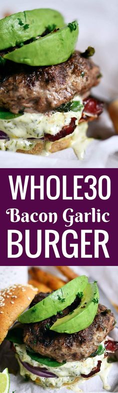 two burgers with cheese, lettuce and bacon on them are shown in this advertisement