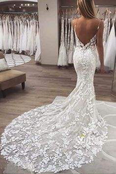 Mermaid/Trumpet Wedding Dress Spaghetti Straps Luxury Lace Wedding Gowns QW2089|SQOSA Spaghetti Strap Wedding Dress, Lace Applique Wedding Dress, Boho Bridal Gowns, Cheap Wedding Dresses Online, Pnina Tornai, Trumpet Wedding Dress, Bridal Dresses Lace, White Wedding Dress, Applique Wedding Dress