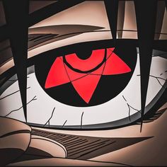 an eye with red and black markings on it's iris, looking down at the viewer