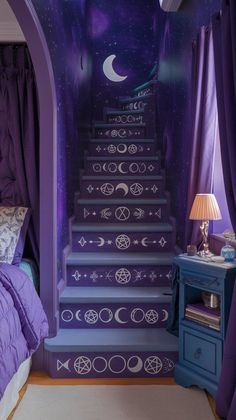 a bedroom with purple walls and stairs painted on the wall, along with a night sky mural