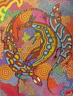 an image of two lizards in the middle of a painting with different colors and patterns on it