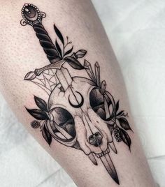 Witch Skull Tattoo, Women Dagger Tattoo, Goth Skull Tattoo, Gothic Cat Tattoo, Dagger Chest Tattoo, Spooky Tattoo Sleeve, Skull Dagger Tattoo, Cat Skull Drawing, Skull And Dagger Tattoo