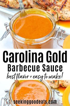 the recipe for carolina gold barbecue sauce is shown in two separate images with text overlay