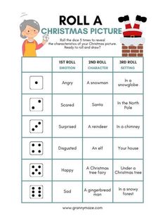 the roll a christmas picture game is shown in this printable worksheet for kids