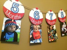 some magnets are hanging on the wall with pictures attached to them and numbers that say 6, 7, 8 months